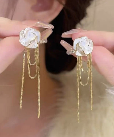 Modern Gold Copper Alloy Camellia Tassel Drop Earrings Modern Gold Copper Alloy Camellia Tassel Drop Earrings