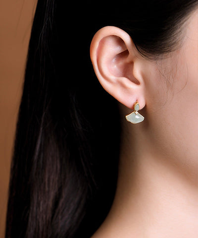 Original Design Cyan Sterling Silver Overgild Zircon Jade Ginkgo Leaf Stud Earrings Original Design Cyan Sterling Silver Overgild Zircon Jade Ginkgo Leaf Stud Earrings