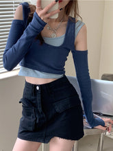 Sexy Patchwork Long Sleeve T-shirts Women Slim Fit Fashion Crop Tops Hot Girls Irregular Skinny Elegant Casual Off-shoulder Tees