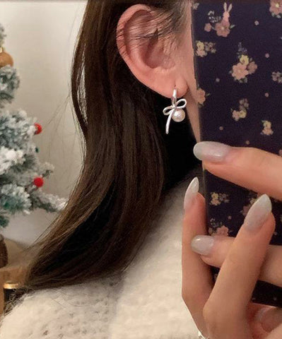 Fine Silk Sterling Silver Bow Pearl Hoop Earrings Fine Silk Sterling Silver Bow Pearl Hoop Earrings