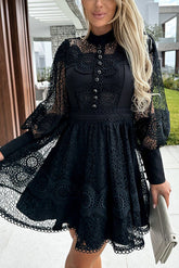 Vestido mini formal con mangas abullonadas y encaje de crochet Peak Party Vibes