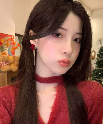 Handmade Mulberry Alloy Silk Velvet Gardenia Flower Tassel Drop Earrings Handmade Mulberry Alloy Silk Velvet Gardenia Flower Tassel Drop Earrings