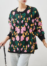 Schwarzer Jacquard-Strickcardigan mit Rundhalsausschnitt für den Winter