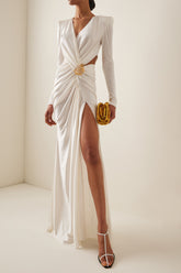 Vestido midi liso con abertura y manga larga con escote en V