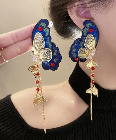 Pendientes colgantes con borlas y bordado de mariposas de tela de circonita de aleación de plata esterlina azul retro  Pendientes colgantes con borlas y bordado de mariposas de tela de circonita de aleación de plata esterlina azul retro