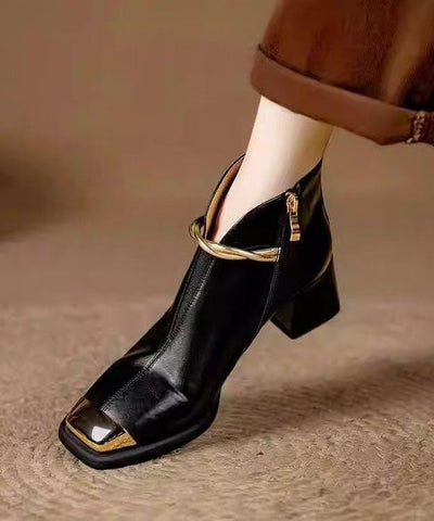 Classy Splicing Chunky Heel Ankle Boots Black Cowhide Leather Classy Splicing Chunky Heel Ankle Boots Black Cowhide Leather