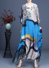 Boho Blau O-Ausschnitt Print Seide Urlaubskleider Armband Ärmel