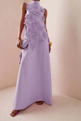 Ärmelloses Maxikleid mit hohem Halsausschnitt und 3D-Blumenmuster Lila