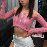 TARUXY Bodycon Strick Crop Top Frauen Sexy Off Schulter Backless Pullover Frauen Bogen Aushöhlen Bandage Strickwaren Pullover Femme