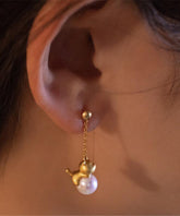 Chinese Style Gold Sterling Silver Overgild Pearl Little Cat Drop Earrings