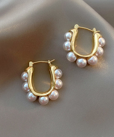 Modern Gold Sterling Silver Alloy Pearl Hoop Earrings Modern Gold Sterling Silver Alloy Pearl Hoop Earrings