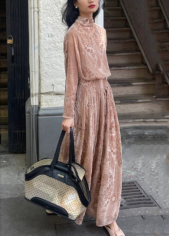 French Turtleneck Print Flattering Silk Velvet Long Dresses Fall French Turtleneck Print Flattering Silk Velvet Long Dresses Fall