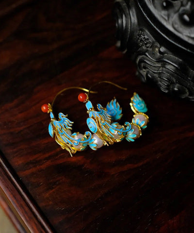 Retro Blau Overgild Achat Perle Emaille Drachenförmige Creolen  Retro Blau Overgild Achat Perle Emaille Drachenförmige Creolen