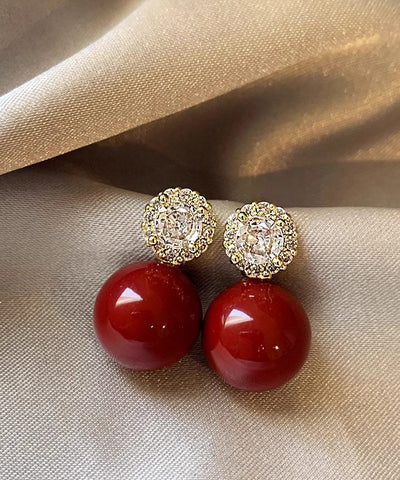 Original Red Copper Alloy Zircon Pearl Stud Earrings Original Red Copper Alloy Zircon Pearl Stud Earrings