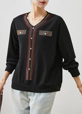 Feine schwarze V-Ausschnitt Zirkon Baumwolle Tops Frühling