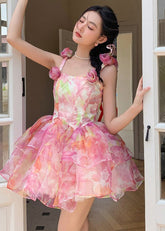 Vestido mini de seda con tirantes y estampado floral rosa italiano sin mangas