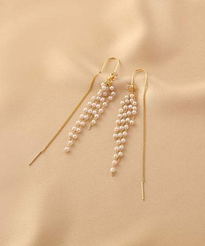Pendientes colgantes con borlas de perlas de aleación de plata esterlina y oro de moda  Pendientes colgantes con borlas de perlas de aleación de plata esterlina y oro de moda