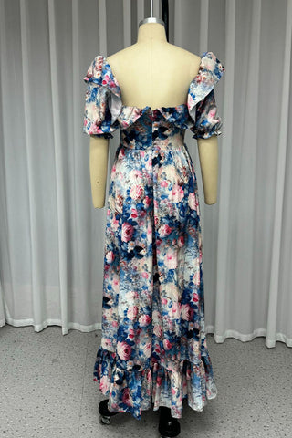 Vestidos de noche sexis con estampado floral, volantes, abertura y escote cuadrado  Vestidos de noche sexis con estampado floral, volantes, abertura y escote cuadrado