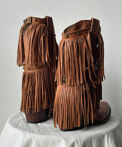 Boho Splicing Chunky Cowgirl Boots Tassel Cowhide Leather Boho Splicing Chunky Cowgirl Boots Tassel Cowhide Leather