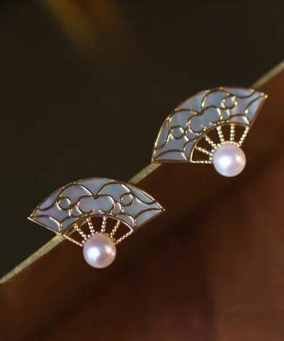 Pendientes retro de concha en forma de abanico con dorado dorado y cobre naranja  Pendientes retro de concha en forma de abanico con dorado dorado y cobre naranja