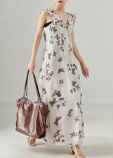 Französisches weißes Rüschenkleid aus geblümter Baumwolle mit Knöchellänge, Sommer