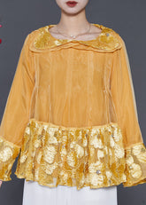 Suéter de organza con cuello de doble capa y patchwork en amarillo artístico para primavera