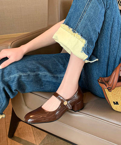 French Green Buckle Strap Splicing Chunky Heel Shoes French Green Buckle Strap Splicing Chunky Heel Shoes