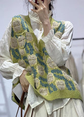 Jacquard Grün V-Ausschnitt Gemütliche Baumwollstrickweste Herbst