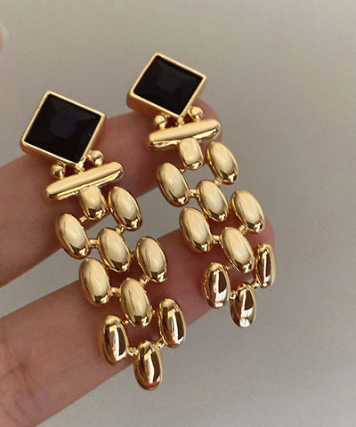 Modern Black Sterling Silver Overgild Gem Stone Tassel Drop Earrings Modern Black Sterling Silver Overgild Gem Stone Tassel Drop Earrings