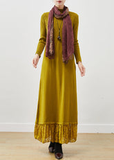 Gelbes Patchwork-Spitzen-Strickpulloverkleid, schlichte Passform, Frühling