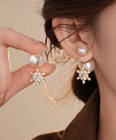 New Red Copper Zircon Pearl Snowflake Stud Earrings New Red Copper Zircon Pearl Snowflake Stud Earrings