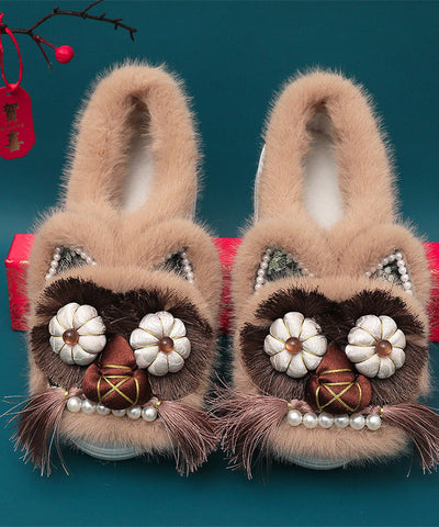 Handmade Splicing Tassel Nail Bead Platform Flat Shoes Coffee Fuzzy Wool Lined Handmade Splicing Tassel Nail Bead Platform Flat Shoes Coffee Fuzzy Wool Lined