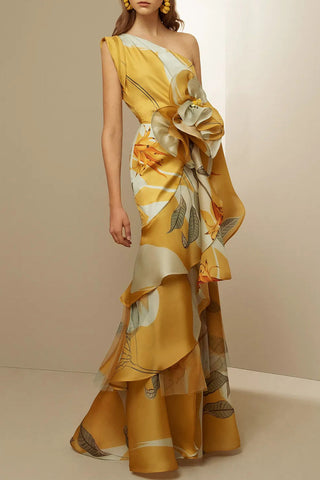 Envío en 24 horas/Elegante vestido de noche con cuello oblicuo y volantes florales  Envío en 24 horas/Elegante vestido de noche con cuello oblicuo y volantes florales