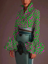 Fashion Falbala Flared Sleeves Printed Lapel Collar Blouses&Shirts Tops