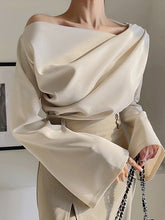 Flared Sleeves Long Sleeves Pleated Solid Color Boat Neck T-Shirts Tops