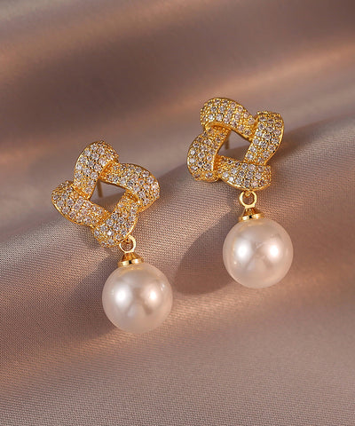 Pendientes colgantes cuadrados de perla y circonita de aleación de plata esterlina y oro de moda  Pendientes colgantes cuadrados de perla y circonita de aleación de plata esterlina y oro de moda