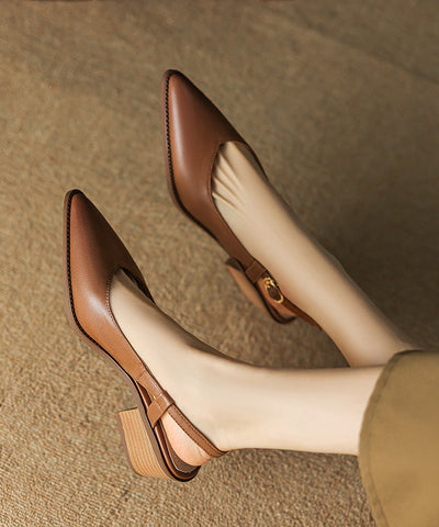 Chic Chunky Sandals Brown Cowhide Leather Pointed Toe Chic Chunky Sandals Brown Cowhide Leather Pointed Toe