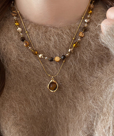 Mode Gold Kupfer Overgild Tiger Eye Stein Perlen Anhänger Halskette Zwei Stück Set  Mode Gold Kupfer Overgild Tiger Eye Stein Perlen Anhänger Halskette Zwei Stück Set