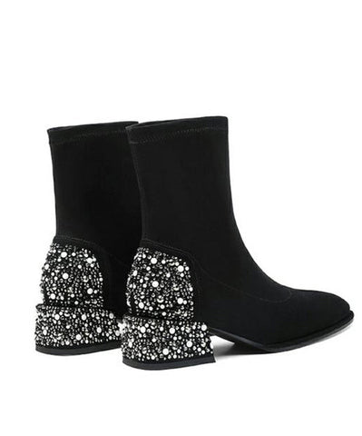 Black Zircon Splicing Stylish Suede Chunky Boots Black Zircon Splicing Stylish Suede Chunky Boots