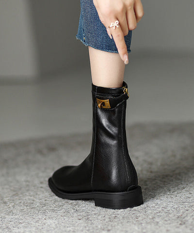 Comfy Splicing Chunky Boots Black Cowhide Leather Comfy Splicing Chunky Boots Black Cowhide Leather