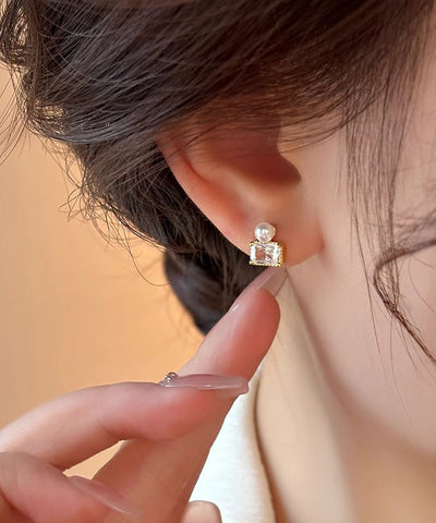Pendientes de botón de perla dorada de plata esterlina de moda  Pendientes de botón de perla dorada de plata esterlina de moda