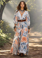 Frauen V-Ausschnitt Blumendruck Baumwolle Tunika Kleider Armband Ärmel