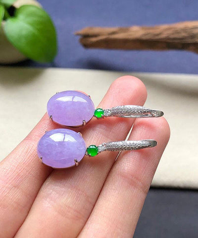 Pendientes colgantes de jade y circonita con incrustaciones de plata de ley morada Pendientes colgantes de jade y circonita con incrustaciones de plata de ley morada