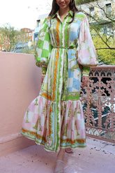 Meridress Maxi-Hemdkleid mit Laternenärmeln und Bindegürtel, einzigartiger Druck und Rüschen