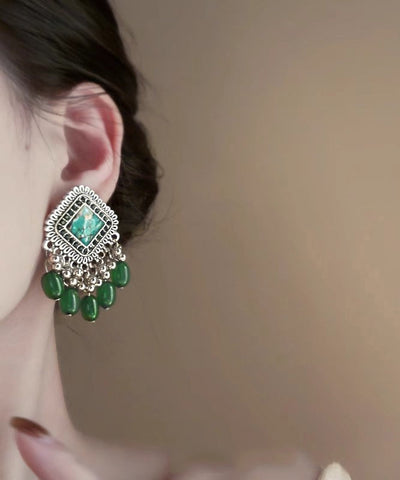 Original Design Green Alloy Glass Beads Tassel Stud Earrings Original Design Green Alloy Glass Beads Tassel Stud Earrings