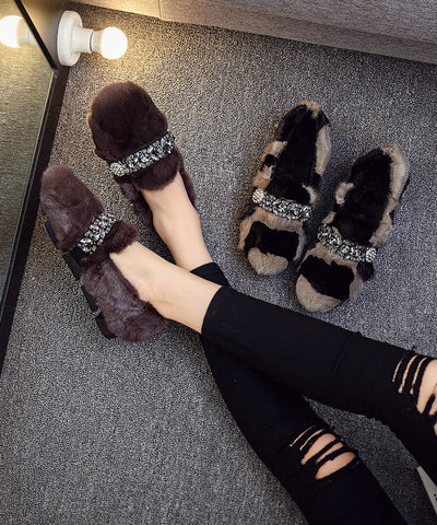 Black Khaki Mink Hair Boutique Splicing Zircon Flat Shoes Black Khaki Mink Hair Boutique Splicing Zircon Flat Shoes