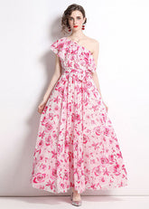 Französisch Floral One-Shoulder Print Patchwork Chiffon Strandkleider Sommer