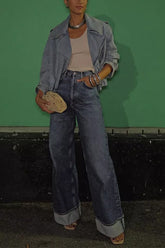 Trendy Denim-Blazerjacke mit offenem Revers vorne