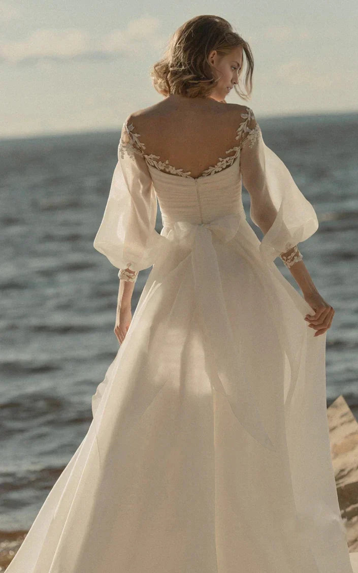 A-Line Simple Beach Lace Organza Floor Zipper Low-V Back Wedding Dress with Sheer Sleeve
