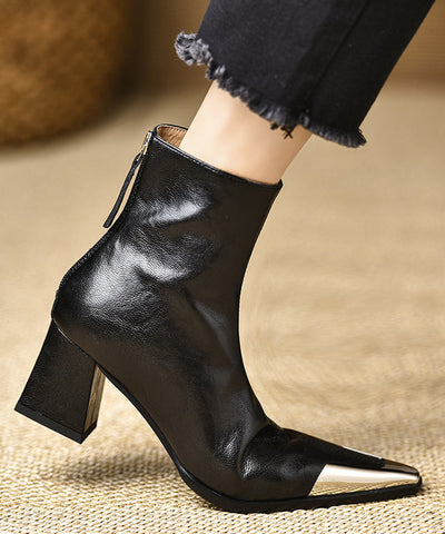 Boutique Black Cowhide Leather Splicing Chunky Boots Pointed Toe Boutique Black Cowhide Leather Splicing Chunky Boots Pointed Toe